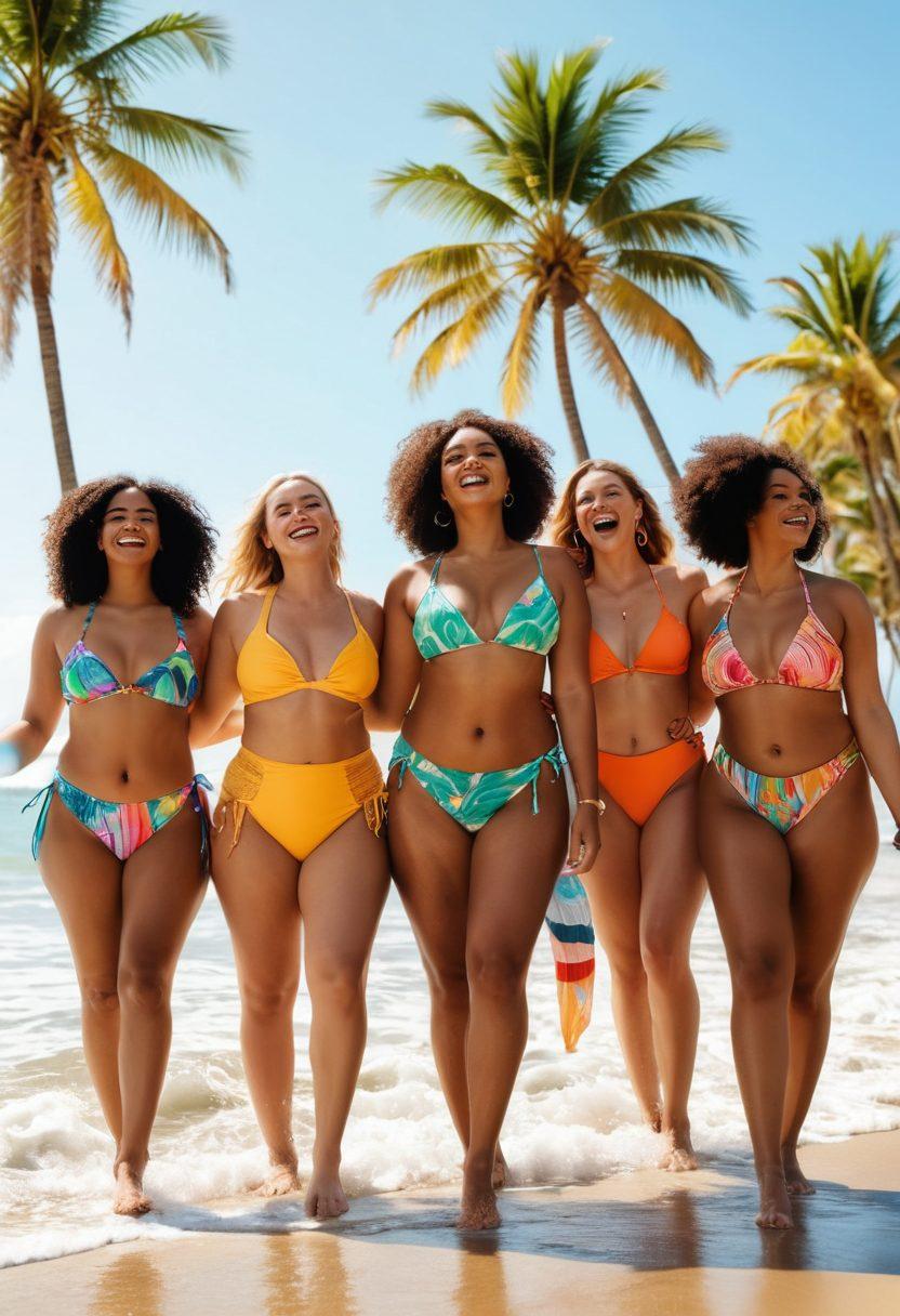 A diverse group of confident individuals of different body types proudly wearing vibrant, stylish bikinis on a beach, showcasing a rainbow of colors and patterns. The scene is filled with joy, laughter, and body positivity, with the sun shining brightly and waves gently crashing in the background. Palm trees sway in the breeze, embodying a carefree summer vibe. Illustrate this with bold colors and an uplifting atmosphere. vibrant colors. summer mood. 3D.
