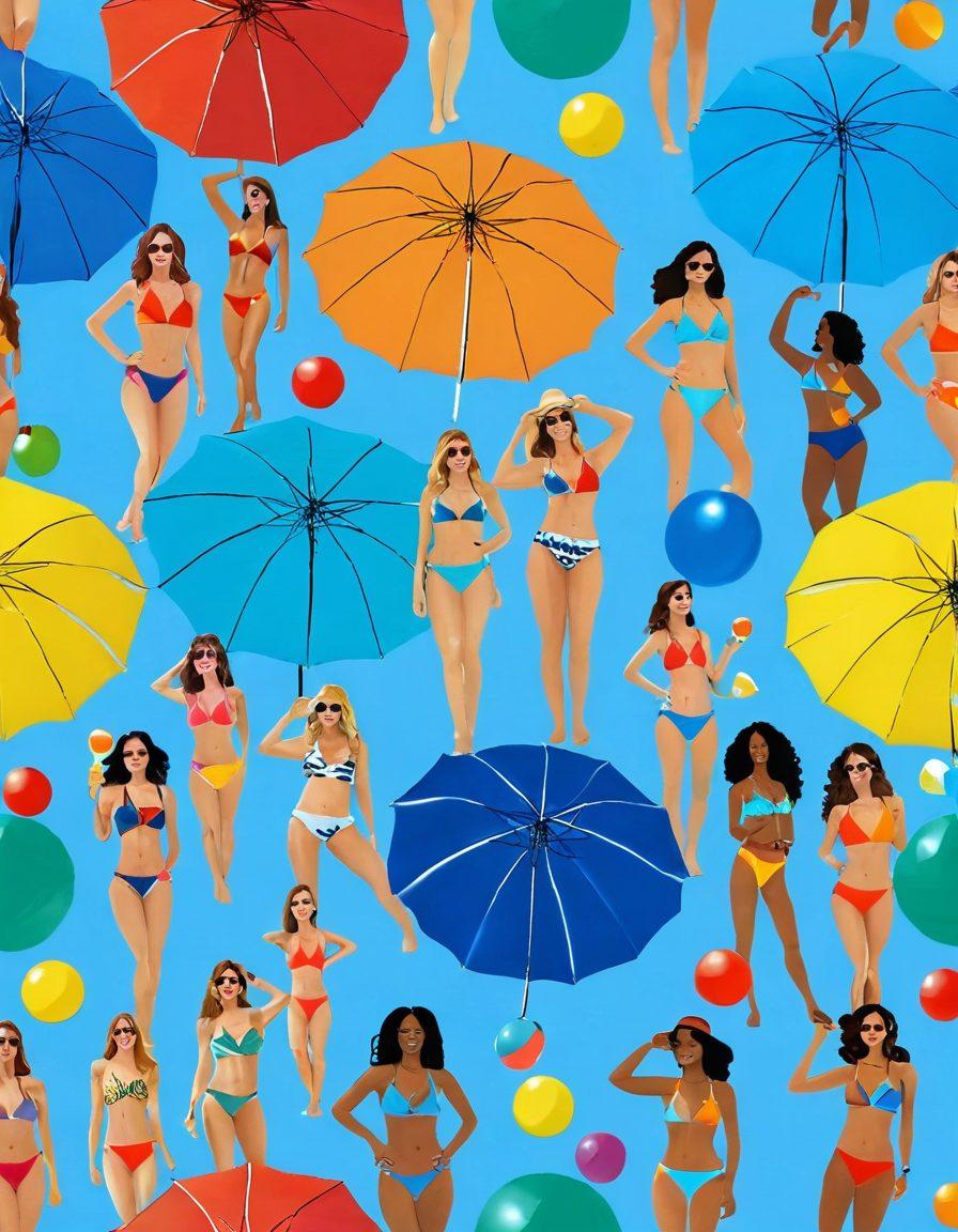 A vibrant beach scene featuring diverse models in stunning swimwear, showcasing various styles from chic bikinis to elegant one-pieces. The background depicts a sunny day with azure skies, sparkling waves, and colorful beach umbrellas. Include playful elements like beach balls and a refreshing drink to convey a festive summer vibe. Emphasize bright colors and joyful expressions to capture the essence of summer adventures. super-realistic. vibrant colors. beach setting.
