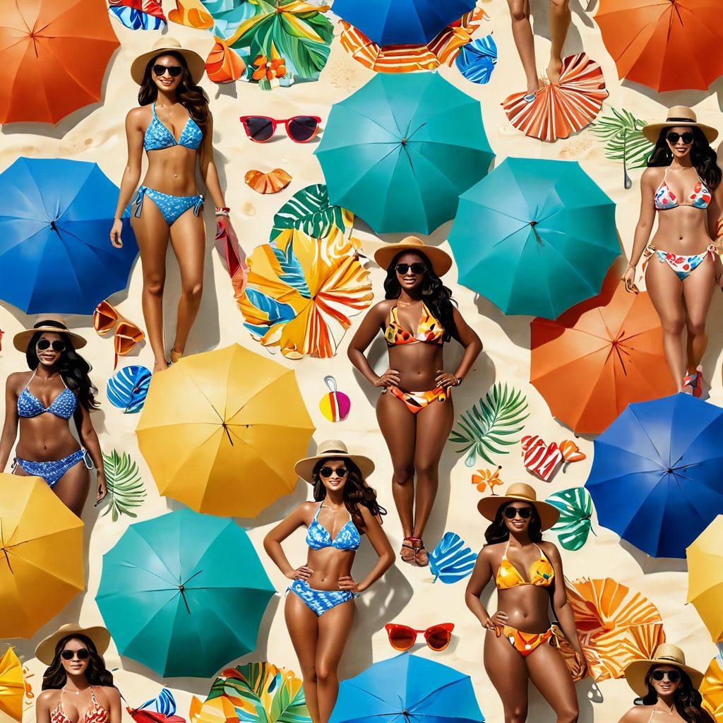 A vibrant beach scene featuring diverse women of various body types confidently wearing trendy bikinis in different styles and patterns. The background showcases a sun-soaked shoreline with playful waves, colorful beach umbrellas, and people enjoying their summer day. Include stylish accessories like sun hats and sunglasses to enhance the summer vibe. super-realistic. vibrant colors. tropical theme.